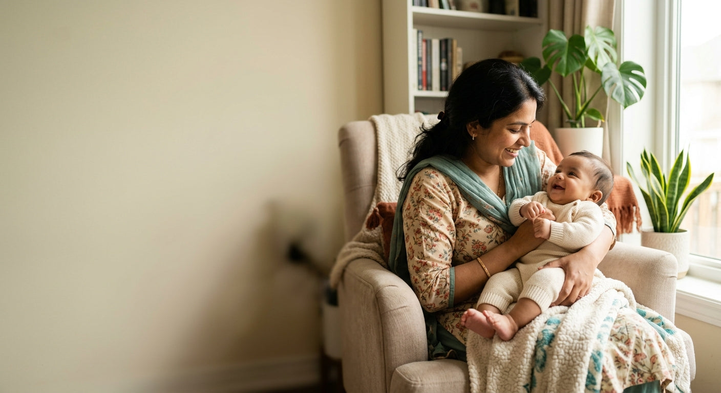 An Indian mother cradling her smiling baby in a warm, cosy living room